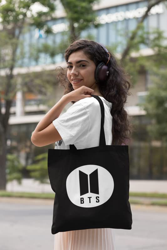 TheYaYaCafe BTS Printed Canvas Cotton Black Tote Bag With Zipper for Women and Girls