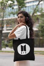 TheYaYaCafe BTS Printed Canvas Cotton Black Tote Bag With Zipper for Women and Girls
