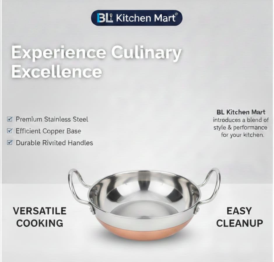 Premium Stainless Steel Copper Bottom Kadhai with Heavy Gauge Body & Dual Handles | Induction Compatible Deep Fry Pan for Cooking, Frying & Serving | Mirror Finish Kitchen Cookware | 1 Litre