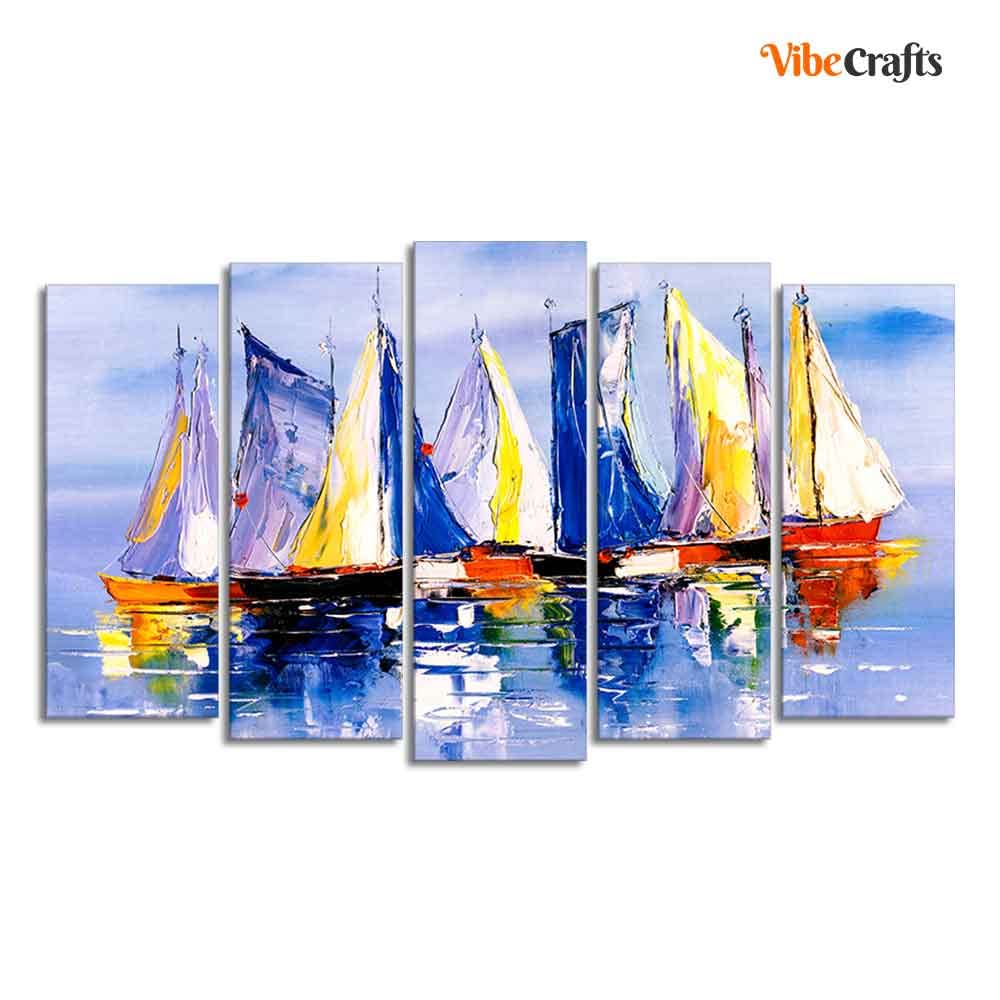 VIBECRAFTS Boats in Ocean Canvas Wall Painting of Five Pieces For Home|Office|Living Room|Gift (PTVC5Pcs2_6532)