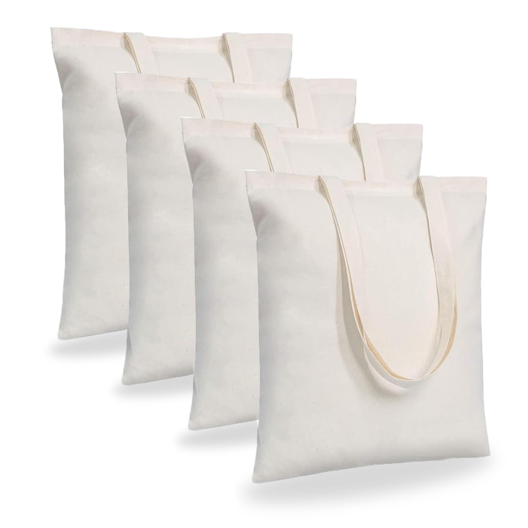 MAINDAIS Unisex-Adult Cotton Tote Shopping Bags With Extra Strong 12'' Handle | Hold 15 Kg | Washable, Reusable, Eco Friendly Biodegradable Multipurpose Use Grocery Bag Natural(Pack Of 4)