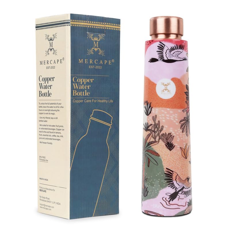 MERCAPE Pure Copper Water Bottle 900 ml with Artistic Printed Design | Jointless Construction | Leak-Resistant Screw Cap | Reusable Copper Bottle for Home, Office, Gym & Travel