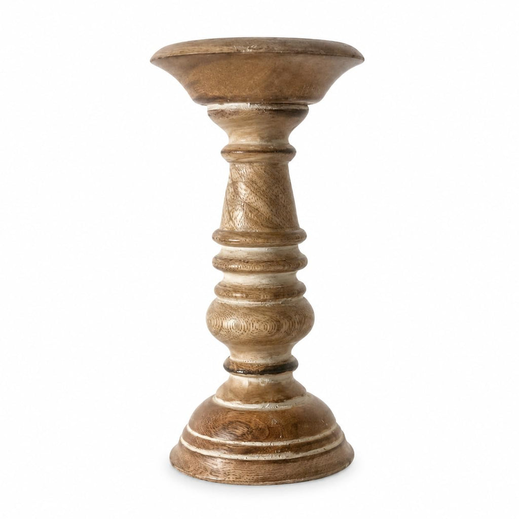 Wooden Pillar Candle Holder Stand, Rustic Turned Design Ideal for Weddings or Parties as Well as Home Decor Brown White wash