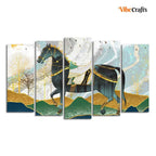 VIBECRAFTS Premium Wall Painting of Horse and Golden trees of Five Pieces For Home|Office|Living Room|Gift (PTVC5Pcs2_6607)