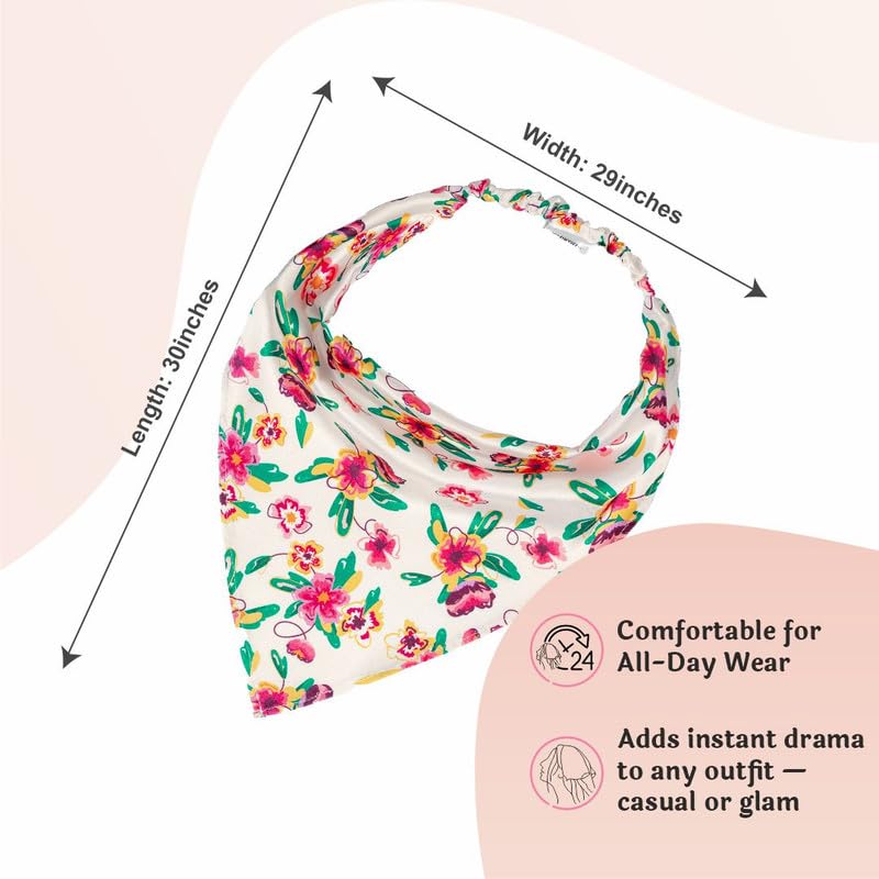 Hair Drama Co. Bloom Floral Print Elastic Bandana Head Scarf for Women | Silk Satin Head Wrap Bandana Scarves | Boho Style Statement Headband Scarves | All Day Wear Hair Scarf Accessories