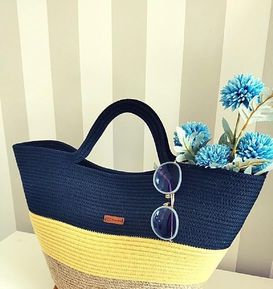 BEAUTIFUL HOMMIES Attractive Hand Bag |large Tote Bag |Summer Bag | Bucket Bag | Basket Bag | Bamboo Tote | Beach Bags for Women|Boho Bag|Handbag |Jute Bag |Handmade Bag (NAVY BLUE YELLOW)