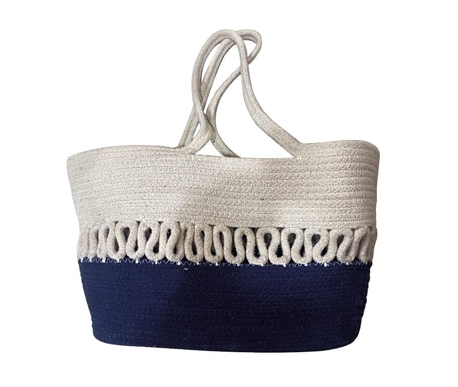ROSSLYN Unisex SADEPAS Big Eco-Friendly Reusable Jute&Cotton Bag For Cloth Shopping Bags For Daily Use Market Carry Milk Grocery Fruits Vegetable With Reinforced Handle Jhola Bag (BLUE WHITE)