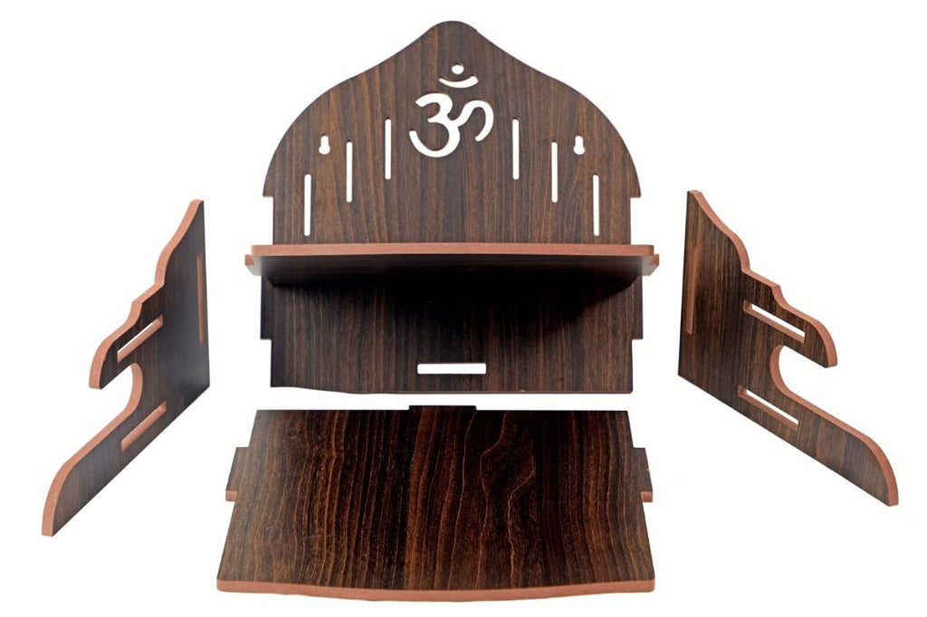 HOSTK Wall Mounted Wooden Temple for Home | Pooja Mandir Shelf with Om Design | MDF Wall Hanging Temple for Ganesh Idol, Diya & Incense Holder | Home Temple Decor for Living RoomOffice (Brown)
