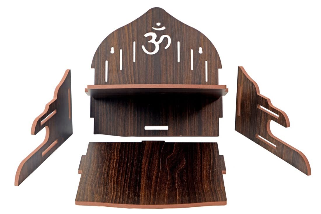 HOSTK Wall Mounted Wooden Temple for Home | Pooja Mandir Shelf with Om Design | MDF Wall Hanging Temple for Ganesh Idol, Diya & Incense Holder | Home Temple Decor for Living RoomOffice (Brown)