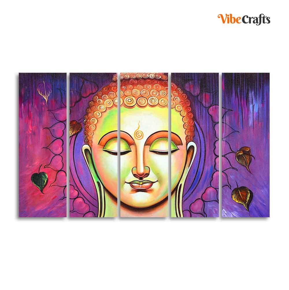VIBECRAFTS Spiritual Buddha Meditating Wall Painting Five Pieces For Home|Office|Living Room|Gift (PTVC5Pcs4_8594)