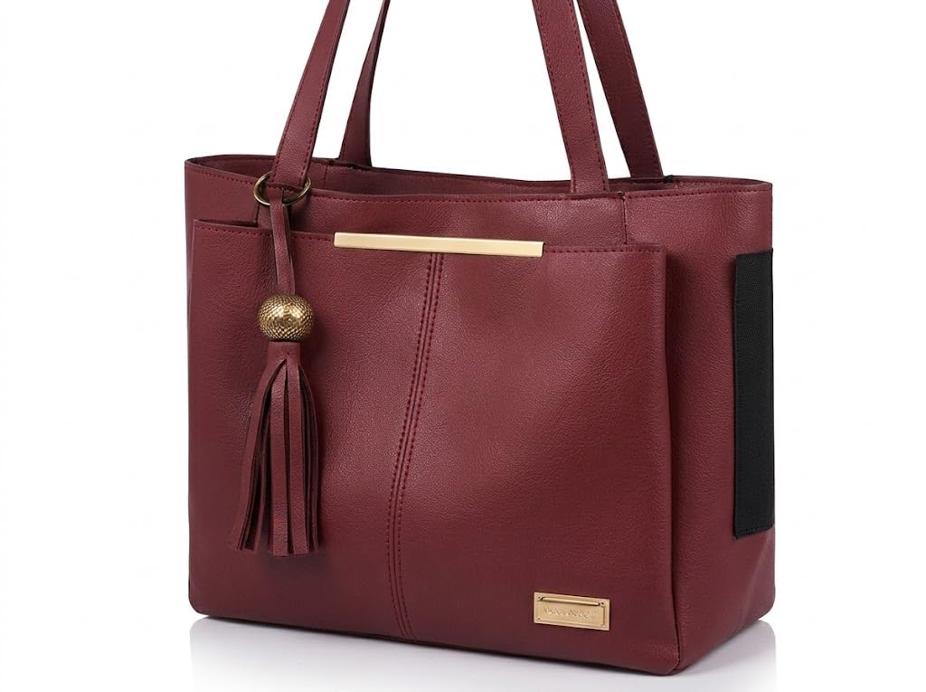 PAVILONN Women Tote Bag Ladies Handbag Shoulder Office Shopping Work Laptop PU Leather Brown Travel College Daily Use Designer Large Stylish Fashion Zipper Commuter Gift (MAROON)