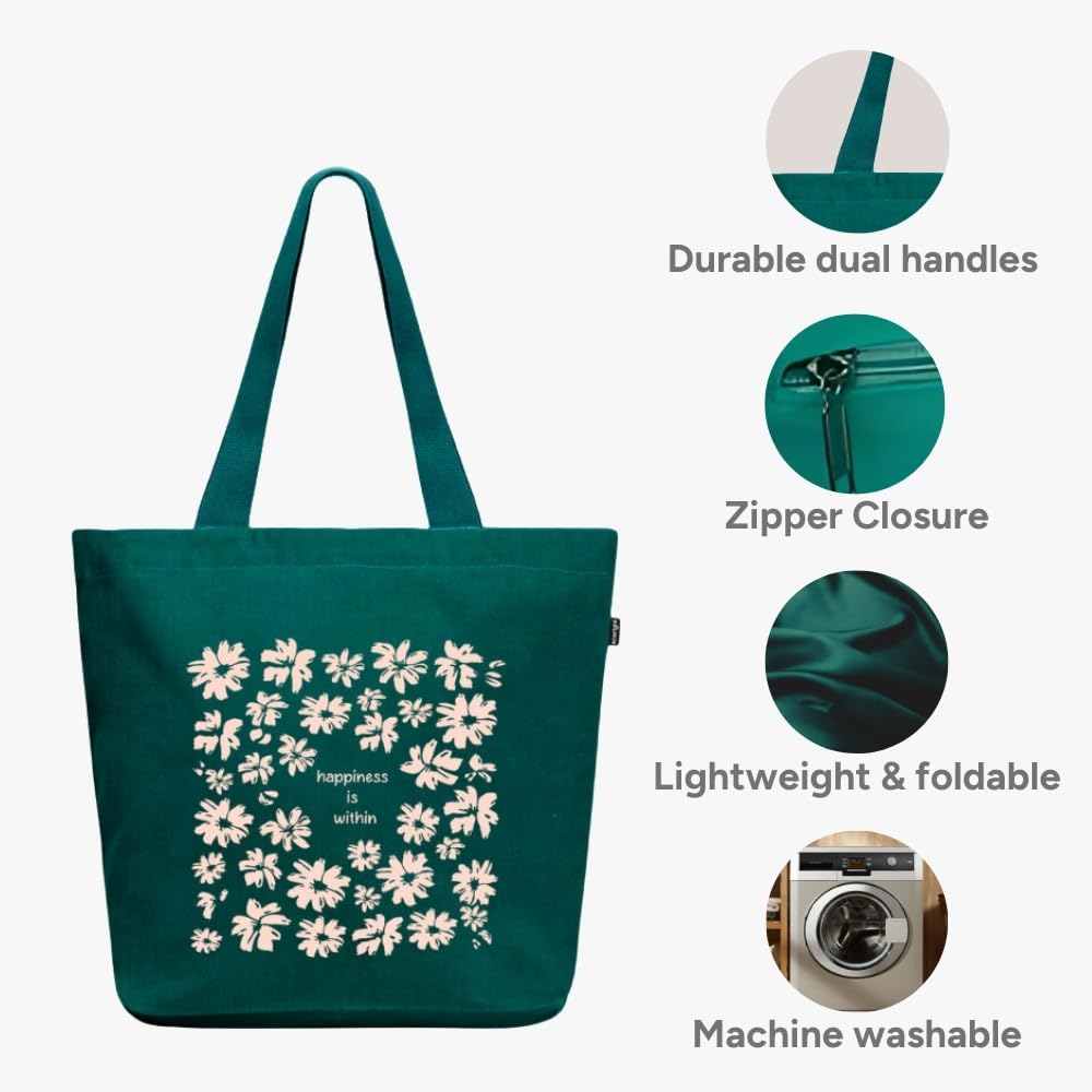 Eco Right Large Canvas Tote Bag for Women, Tote Handbags for Women with Zipper & Inner Pocket for College, Shopping, Office