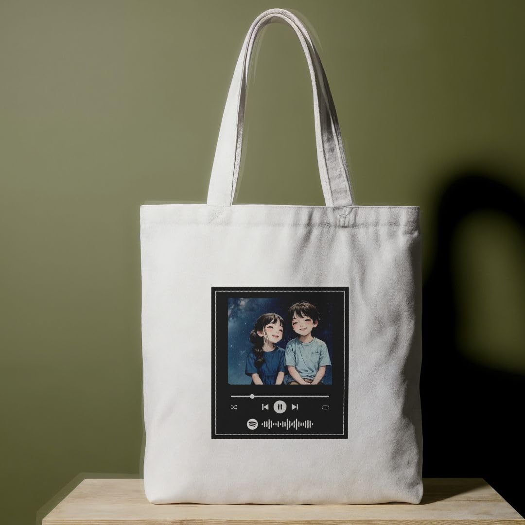 Reusable Cotton Fabric Music Player Design Printed Tote Bag Ideal for Travel Shopping College & Office Use