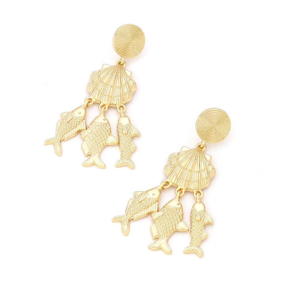 FTK® Conch Shell & Fish Pendant Earrings – Ocean-Inspired Metal Jewelry