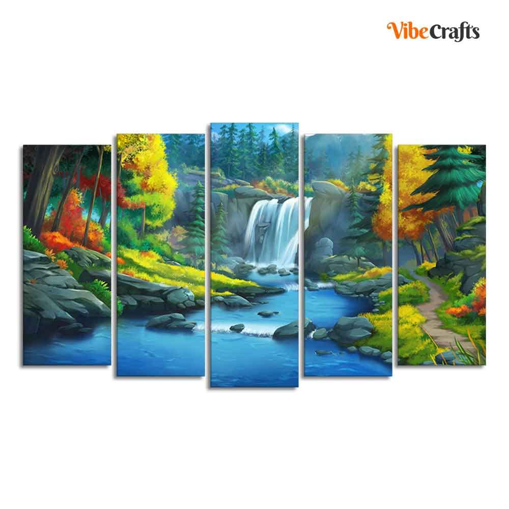 VIBECRAFTS Beautiful Scenery of Waterfall in Forest Canvas Wall Painting Five Pieces For Home|Office|Living Room|Gift (PTVC5Pcs2_6545)