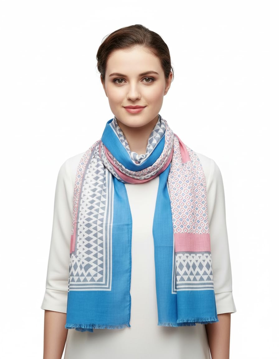 Fabtone Kalamwri Printed 100% Soft Cotton Scarf/Stole for Women’s 100x180 cms Blue Pink, Summer Style