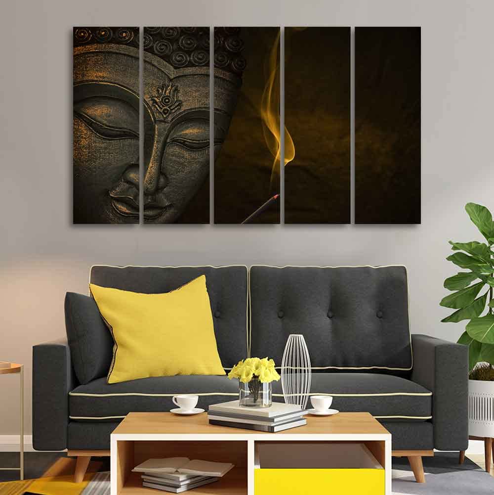 VIBECRAFTS Premium Wall Painting of Peaceful Buddha Sculpture Set of Five For Home|Office|Living Room|Gift (PTVC5Pcs4_8645)