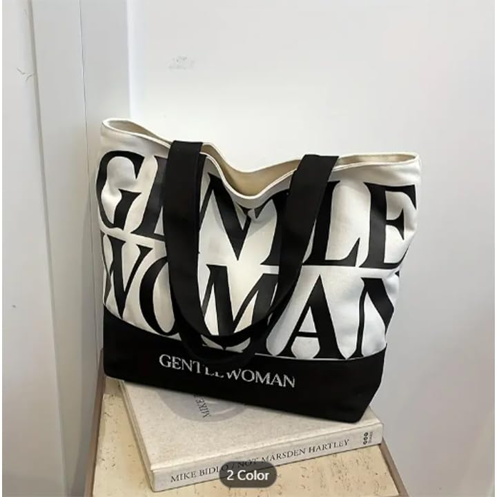 THE SACK CO. Large Canvas Tote Bag for Women, Tote Handbags for Women with Zipper & for College, Shopping, Office (gntl women blk writing new)