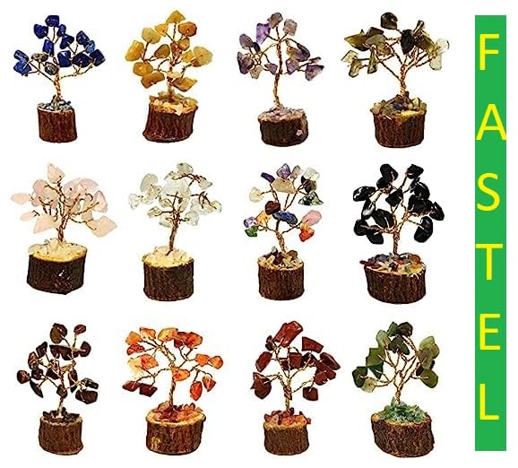 Fastel® Handcrafted Authentic Gemstone Tree Set of 12 Mini Natural Multi Crystal Tree for Reiki Healing Good Luck, Home Office Decor Gift with Golden Wire and 15 Beads Size (Small Size)