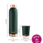 Borosil Eco Copper Bottle with Glass Set | 1L Bottle with 2 Tumbler (250 ml Each) | 100% Pure Copper with Anti-Oxidant Properties of Copper for Daily Use (Green)