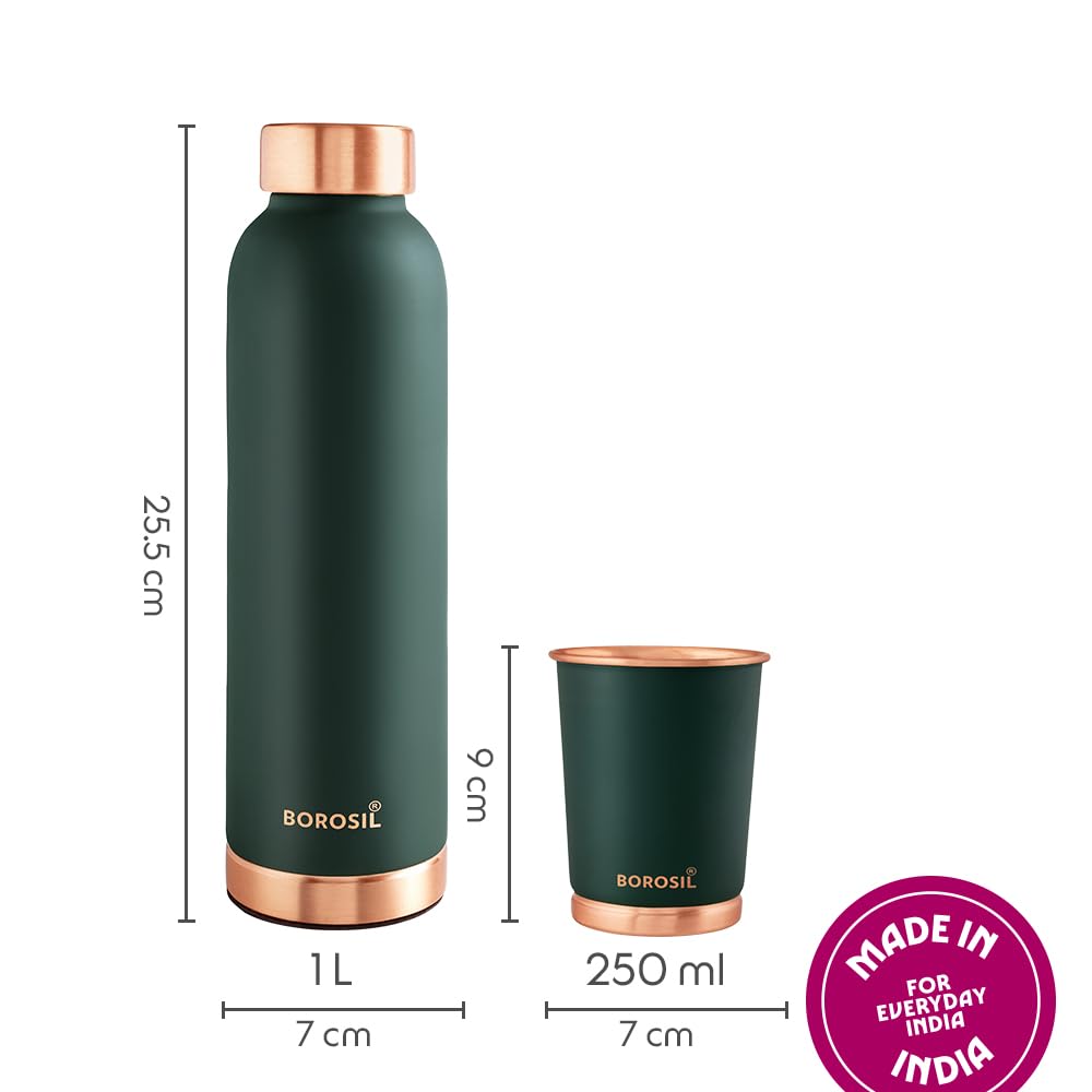 Borosil Eco Copper Bottle with Glass Set | 1L Bottle with 2 Tumbler (250 ml Each) | 100% Pure Copper with Anti-Oxidant Properties of Copper for Daily Use (Green)