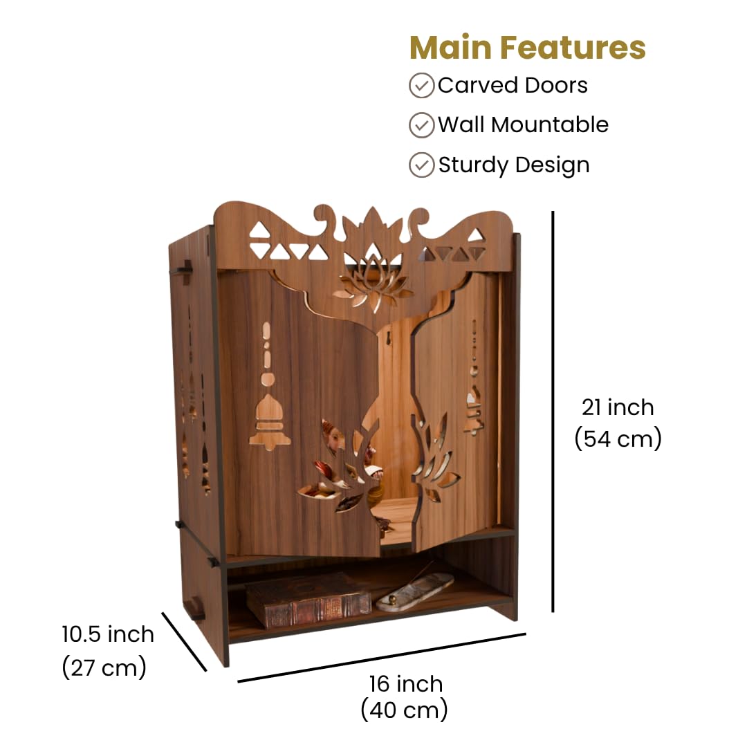 NIVED YAMUNA Engineered Wood Mandir with Door | Spotlight | Extra Storage | 21 x 16 x 10.5 inch | Wall Mountable | No Screw/Bolt Screw Assembly | Home Temple | Pooja Stand | Colour: Walnut