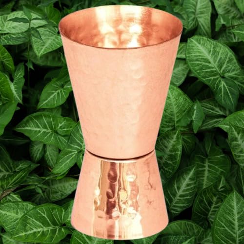 STREET MART Handcrafted Copper Jigger with Gift Set Peg Measure Cup, Double-Sided 30ml/60ml, Bar Tool peetal Jigger Engraved Design (1, Copper Hammered)