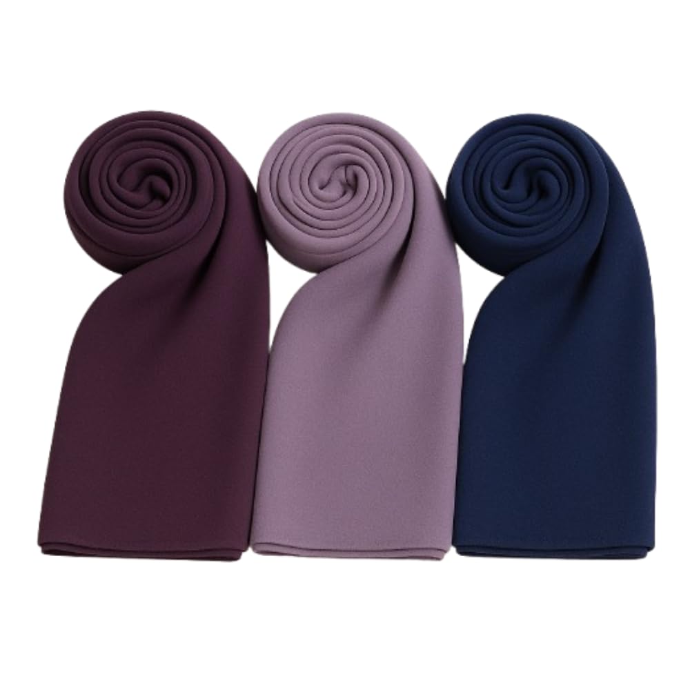Trending Plain Chiffon Georgette Fancy Hijab/Scarves/Shawl/Stoles/Duppatta Combo of 3 Muslim Women Malaysian Soft College Girls Abaya Scarf Collection (Egg plant, Dusty purple,Ink blue)