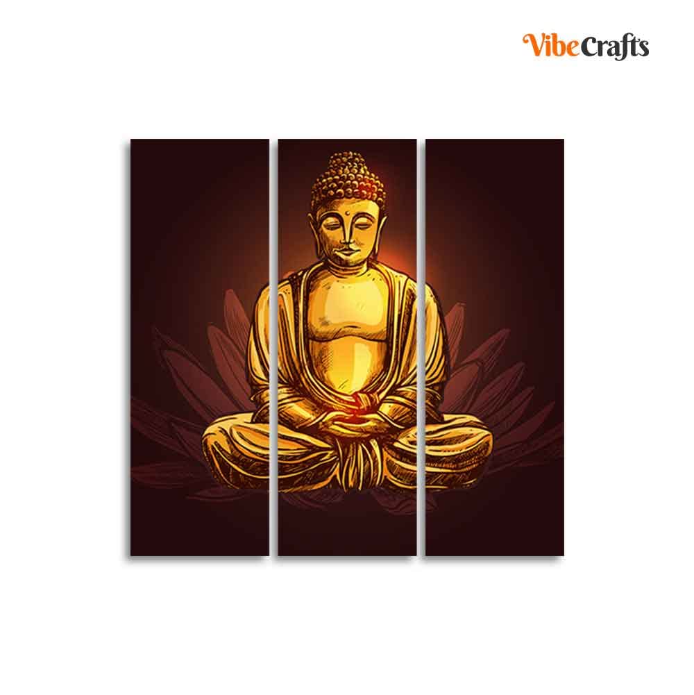 VIBECRAFTS Gautam Buddha 3 Pieces Canvas Wall Painting Fitted With Wooden Frame For Home | Office | Living Room | Gifts (PTVC3Pcs1_9507)