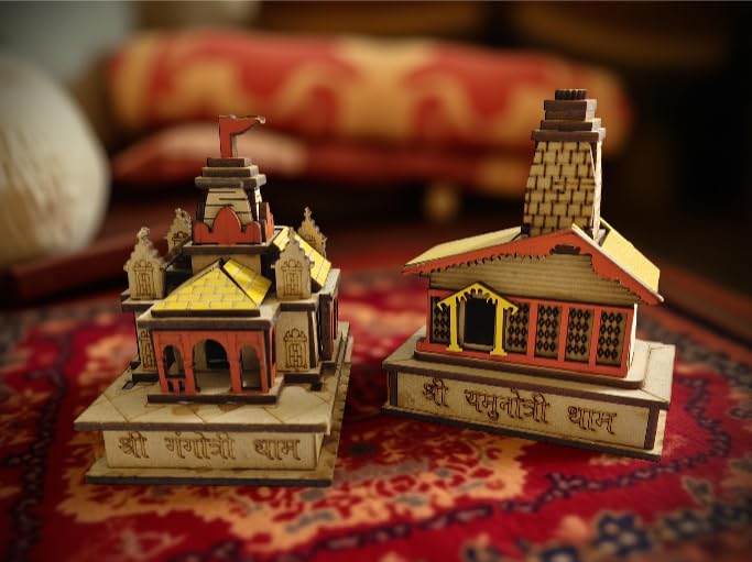 Rudram Char Dham Temple 3D Wooden Model Set, Gangotri & Yamunotri Combo, MDF Wood Multicolour Mandir for Home, Office, Car & Pooja Decor