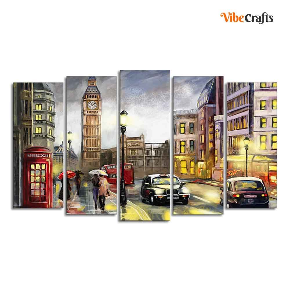 VIBECRAFTS Street View of London Canvas Wall Painting Set of Five Pieces For Home|Office|Living Room|Gift (PTVC5Pcs2_6533)