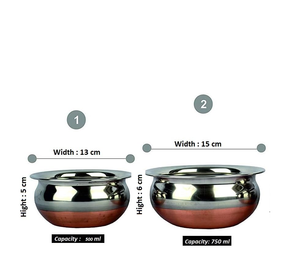 ALWAFLI 2 pcs Stainless Steel Copper Bottom Kitchen Serving, Cooking Bowl | Handi Set | Biryani Handi for Kitchen & Restaurant | Cookware Set | (2 pcs)