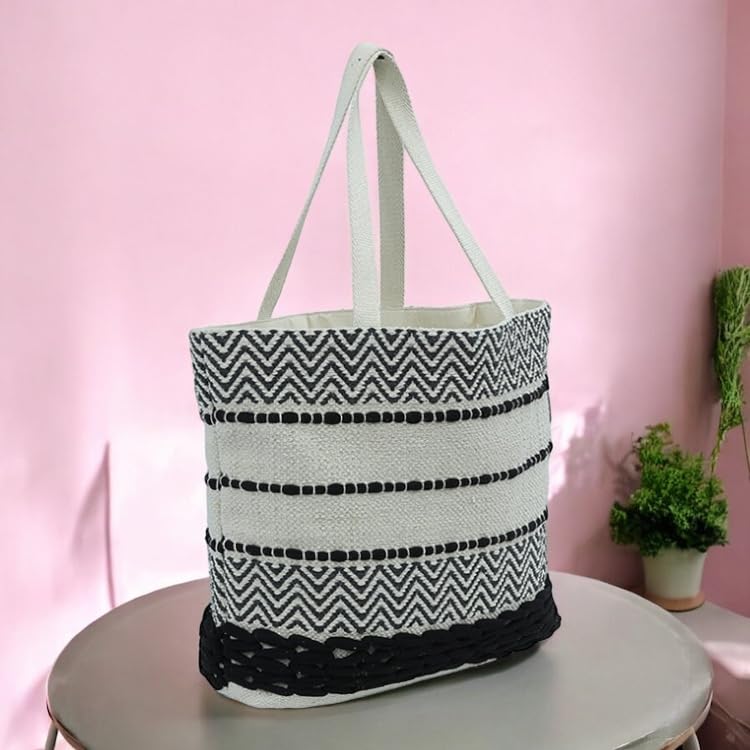 DOLCE CASA Large Eco-Friendly Handmade Boho Cotton Handbag For Cloth Shopping Bags With Reinforced Handle For Market Carry Milk, Grocery, Fruits, And Vegetables Jhola Bag (20×5×15 Inches)