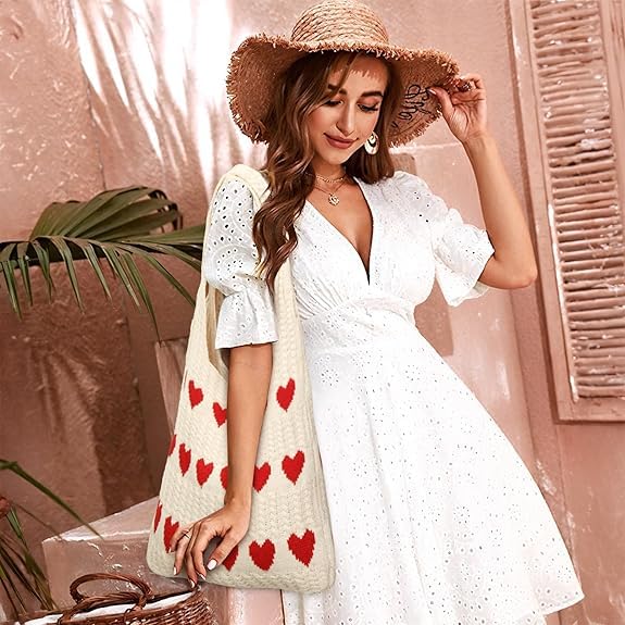 Kyrin Cute Tote Bag For Woman Red Heart Pattern Crochet Bags For Women Stylish Beach Bags For Women Crochet Tote Bag For Girls - Travel, College, Office, Shopping