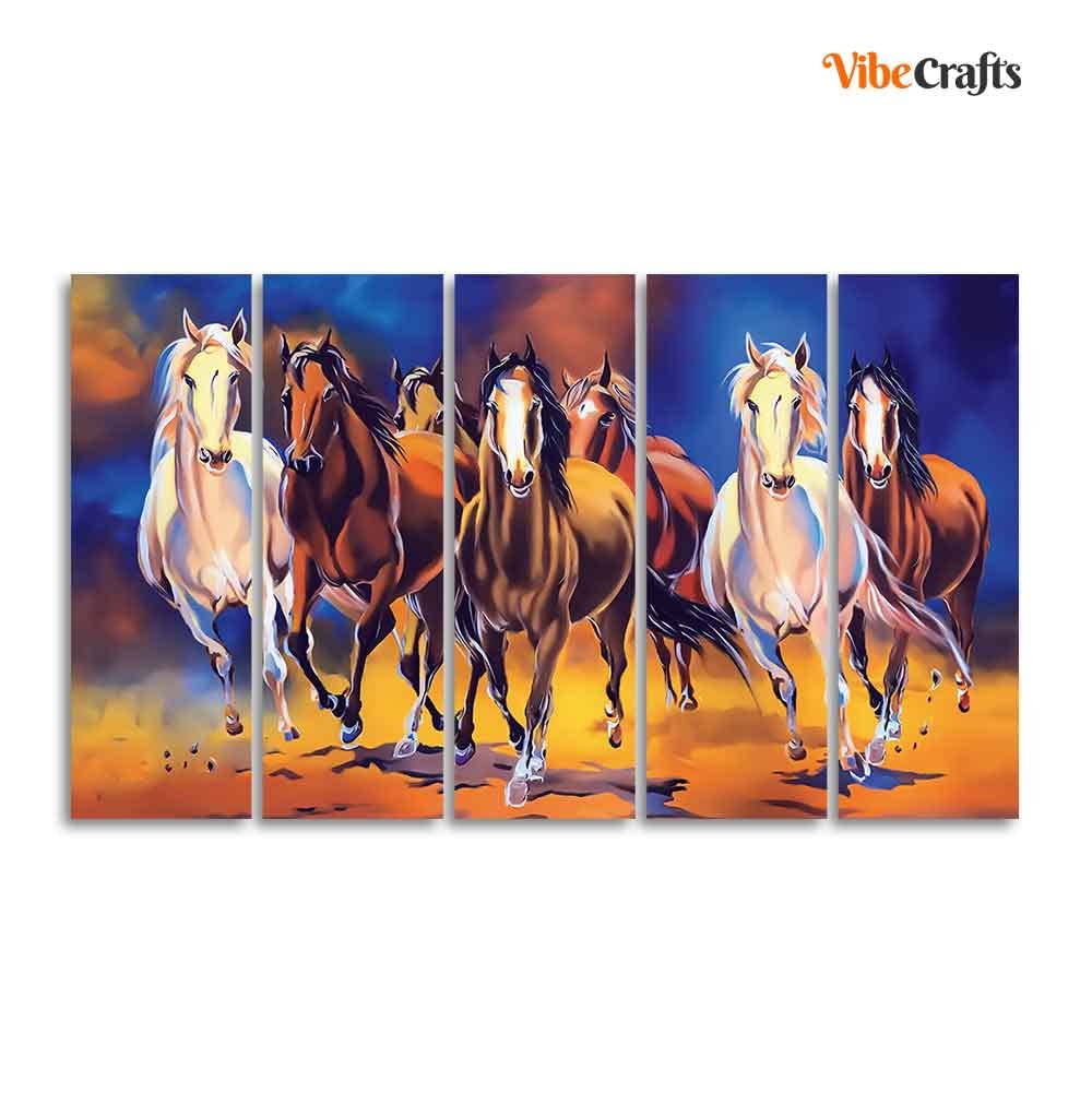 VIBECRAFTS Seven Horses Five Pieces Premium Canvas Bedroom Wall Painting For Home|Office|Living Room|Gift (PTVC5Pcs4_8628)