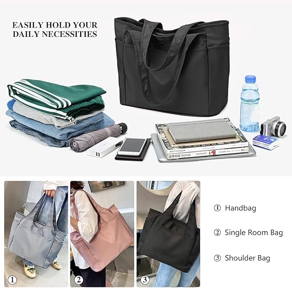Voroly Tote Bag Women Casual Handbag Shoulder Bag Purses with Zipper and Pockets for Work School Gym Travel Shopping (BLACK)