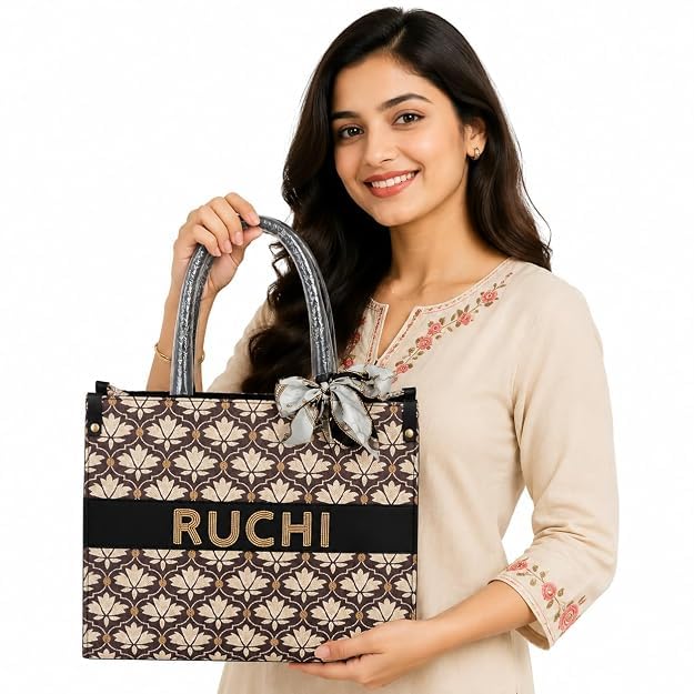 Personalized Women's Tote Bag with Zip Closure | Custom Name Handbag | Raksha Bandhan Gift for Sister | Stylish Handbag For Travel, Shopping & Daily Use