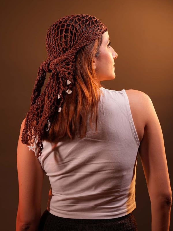 Hair Drama Co. Boho Crochet Scarf with Shell Charms For Women | Medium Size Brown Crochet Headscarf | Bohemian Bandana Scarves | Cotton Thread Headband Scarfs for All Seasons