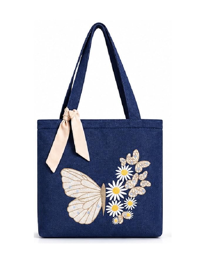 MASQ Premium ToteBag for Women with Zipper | Embroidered Foldable Shoulder Bag with Multiple Pockets | Spacious Handbag for College & Office | Eco-Friendly & Reusable