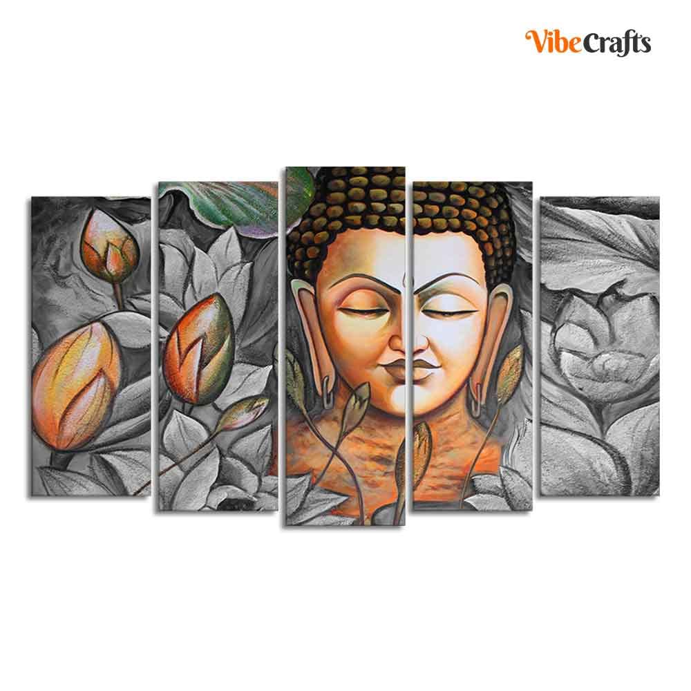 VIBECRAFTS Buddha Meditating Canvas Wall Painting Set of Five Pieces For Home|Office|Living Room|Gift (PTVC5Pcs2_6589)