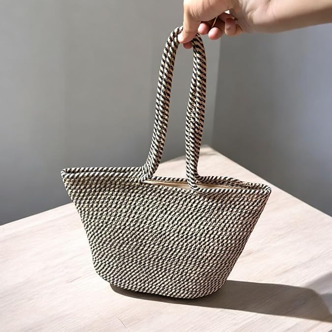 BEAUTIFUL HOMMIES Attractive Hand Bag |large Tote Bag |Summer Bag | Bucket Bag | Basket Bag | Bamboo Tote | Beach Bags for Women|Boho Bag|Handbag |Jute Bag |Handmade Bag (BLACK BEIGE)