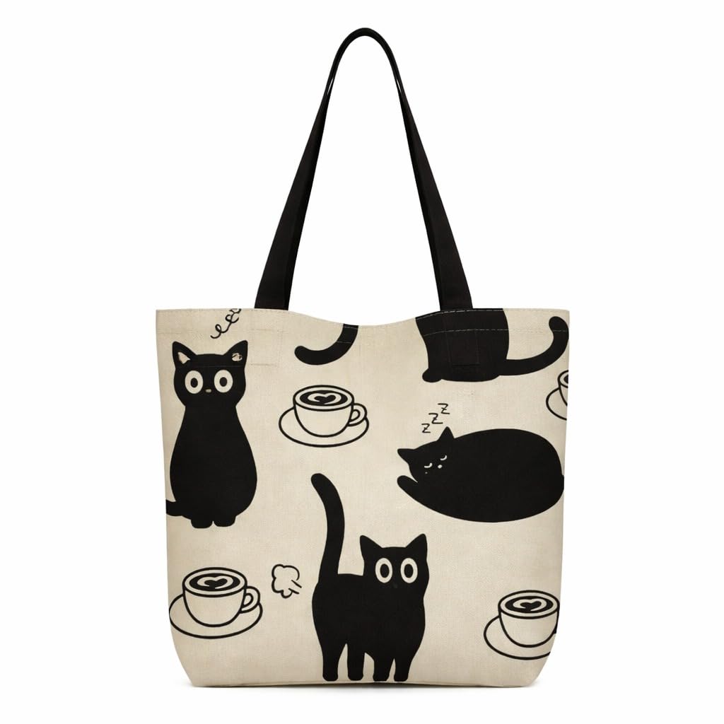 HOMELYA Black Cat Printed Zippered Canvas Tote Bag for Women Eco Friendly Reusable Grocery Shoulder Handbag Large Capacity Shopping Bag for Office College Travel Daily Use
