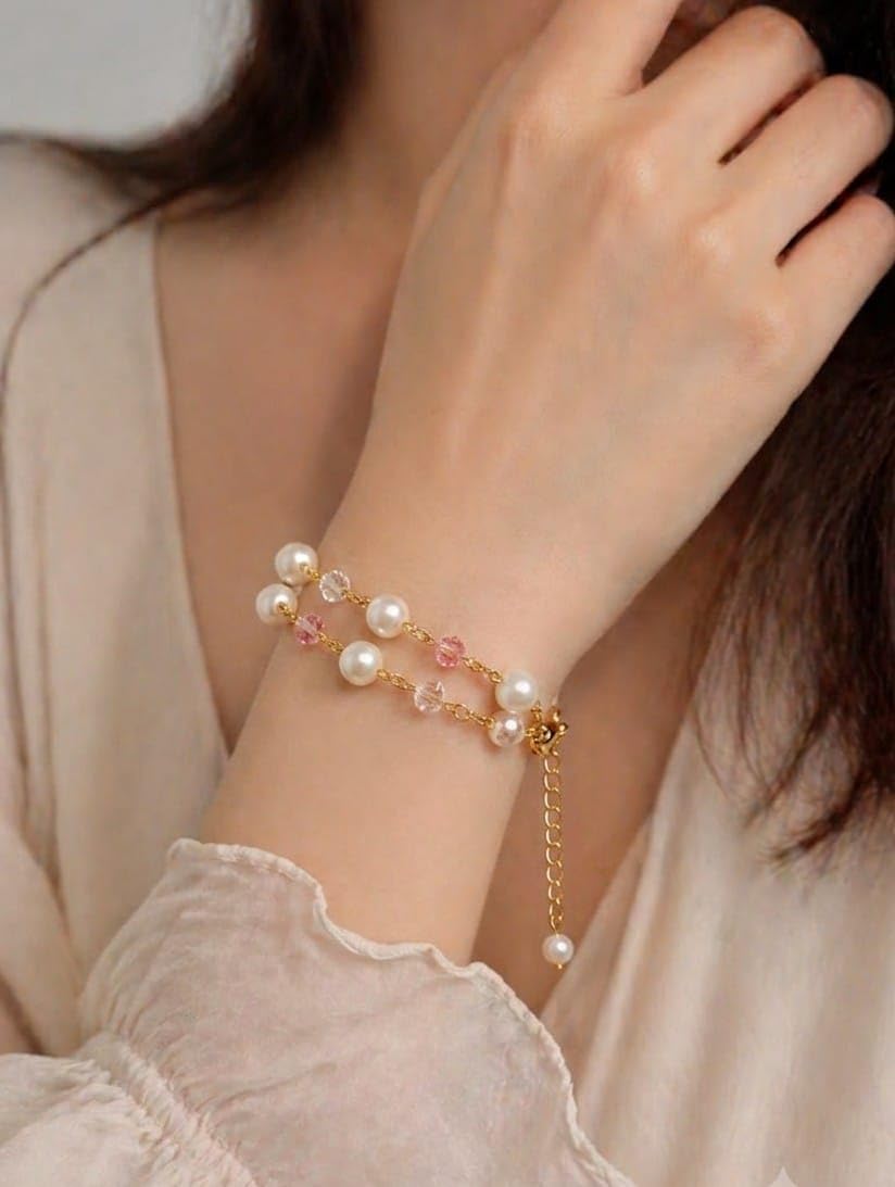 Zewelic Handmade Pearl & Pink Crystal Adjustable Bracelet for Women | White Pearl Gold Plated Anti Tarnish Lightweight Bracelet | Korean Style Jewelry | Perfect for Western & Traditional | Gift for Girls & Women