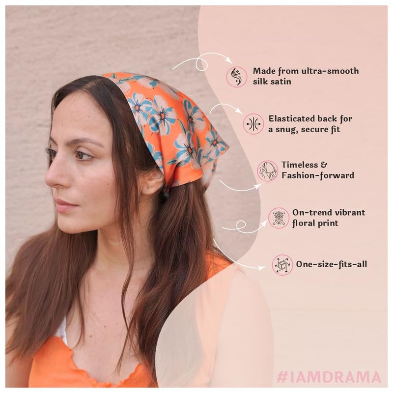 Hair Drama Co. Floral Blossom Print Elastic Bandana Head Scarf for Women | Silk Satin Boho Style Statement Head Wrap Bandana Scarves | All Day Wear Scarves | Hair Scarf Accessories