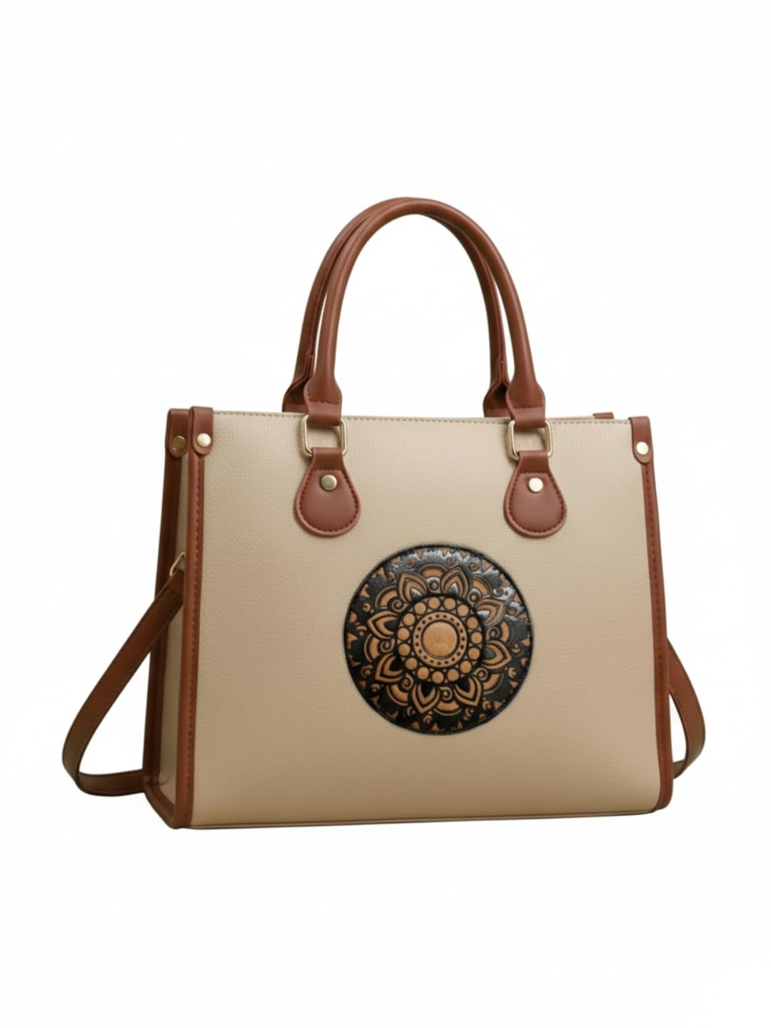 LIKE STYLE Women’s PU Tote Bag with Mandala Design | Laptop Compartment Shoulder & Crossbody Handbag | Office Work & Daily Use Large Tote (Cream)