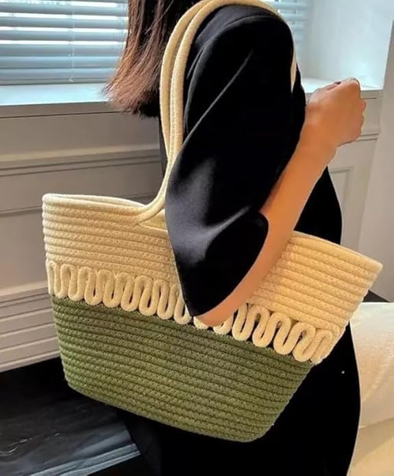 BEAUTIFUL HOMMIES Attractive Hand Bag |large Tote Bag |Summer Bag | Bucket Bag | Basket Bag | Bamboo Tote | Beach Bags for Women|Boho Bag|Handbag |Jute Bag |Handmade Bag (BEIGE GREEN)