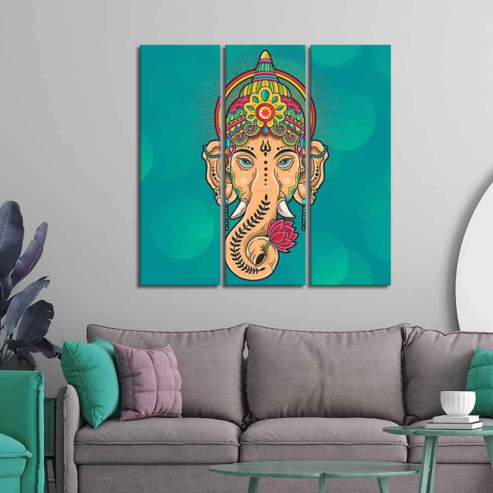 VIBECRAFTS Shree Ganesh Ji Head 3 Pieces Canvas Wall Painting Fitted With Wooden Frame For Home | Office | Living Room | Gifts (PTVC3Pcs1_9583)