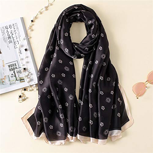 Fatimiyah Enterprises Luxury Printed Silk Scarf for Women – Soft Floral Silk Stole, Lightweight Fashion Shawl Wrap for Wedding, Party & Casual Wear (Black & Cream)