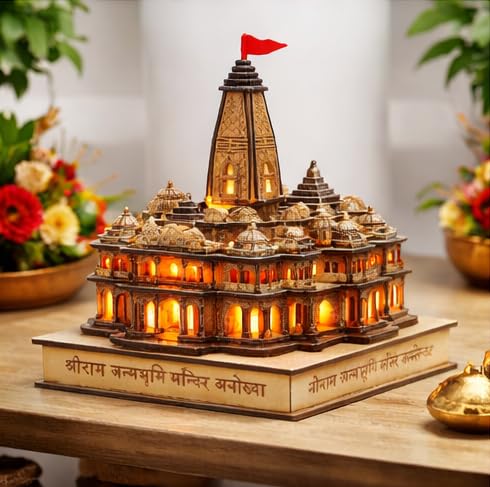 Ram Mandir Ayodhya 3D Wooden Model with LED Light, Handcrafted Shri Ram Janmabhoomi Temple Miniature for Home Decor, Pooja Room, Car Dashboard, Spiritual Gift