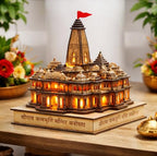 Ram Mandir Ayodhya 3D Wooden Model with LED Light, Handcrafted Shri Ram Janmabhoomi Temple Miniature for Home Decor, Pooja Room, Car Dashboard, Spiritual Gift